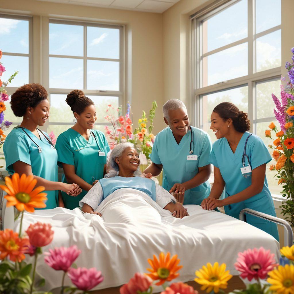 A serene and hopeful scene depicting a diverse group of individuals in a bright hospital room, sharing smiles and support, while surrounded by vibrant flowers symbolizing hope and healing. Visual elements like a doctor explaining a breakthrough treatment, a supportive family member holding a hand, and soft light streaming in through large windows to create an uplifting atmosphere. super-realistic. vibrant colors. 3D.