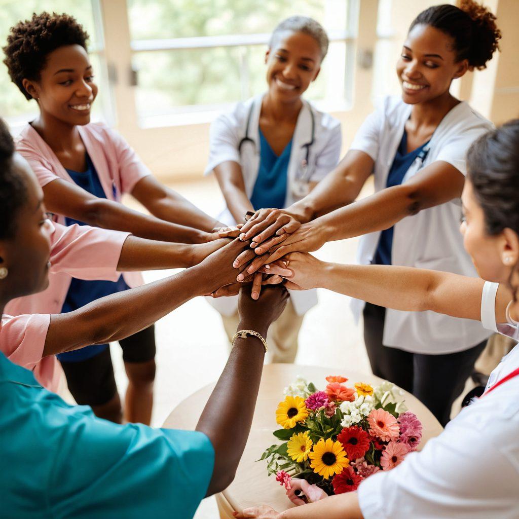 A diverse group of patients and advocates gathered in a supportive circle, sharing stories and experiences, with a backdrop of a warm, inviting hospital setting. Include symbols of hope like ribbons, vibrant flowers, and supportive hands intertwined, representing unity in cancer treatment. The scene should convey empowerment, compassion, and community strength. soft focus. warm colors. 3D.
